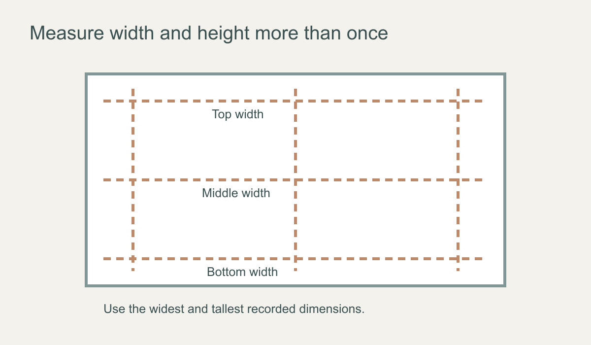 Wall diagram showing width readings at three heights and height readings across the wall