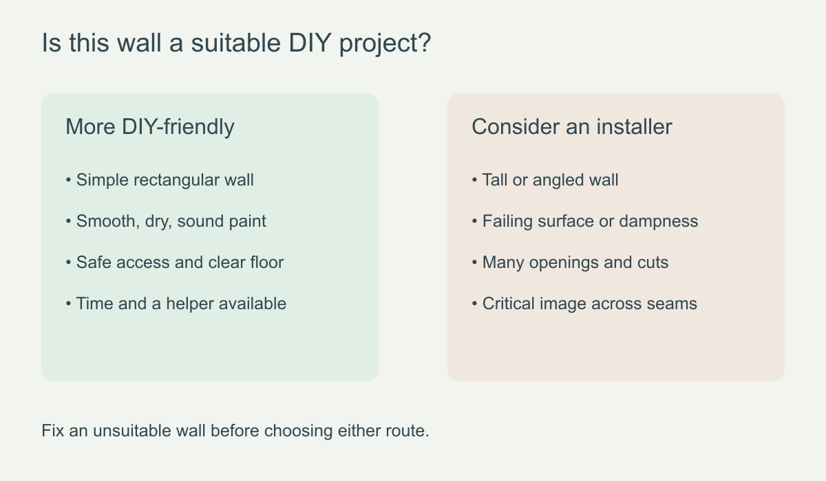 Decision diagram for choosing DIY or professional wallpaper mural installation