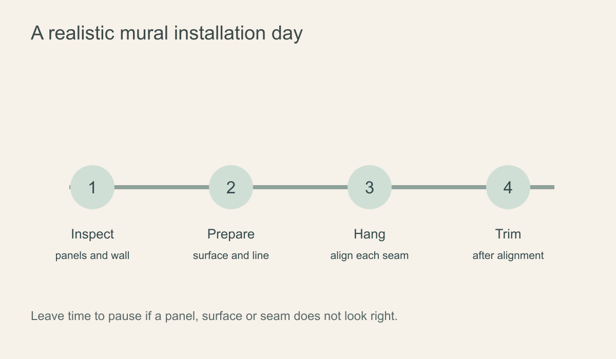 Illustrated mural installation plan dividing preparation, panel check, hanging and final trim