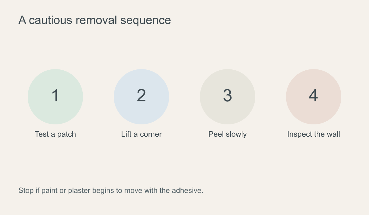 Four-stage diagram showing a small test, slow corner lift, supported peel and wall inspection
