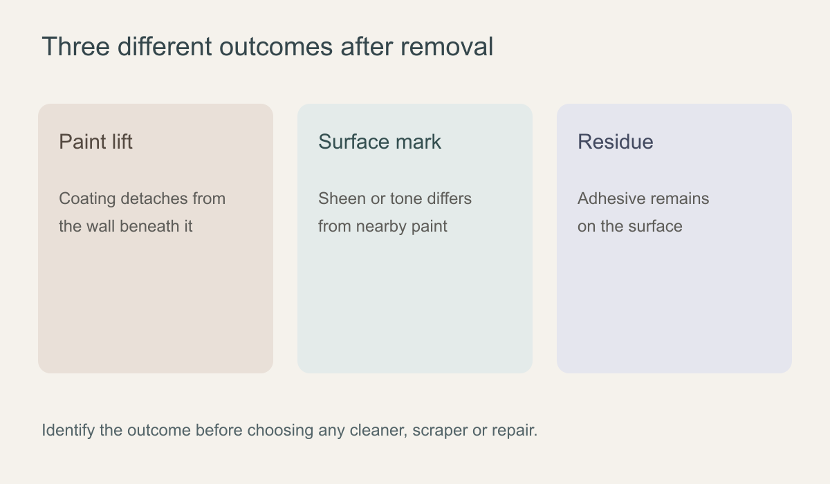 Diagram showing paint lifting, surface marking and adhesive residue as different outcomes