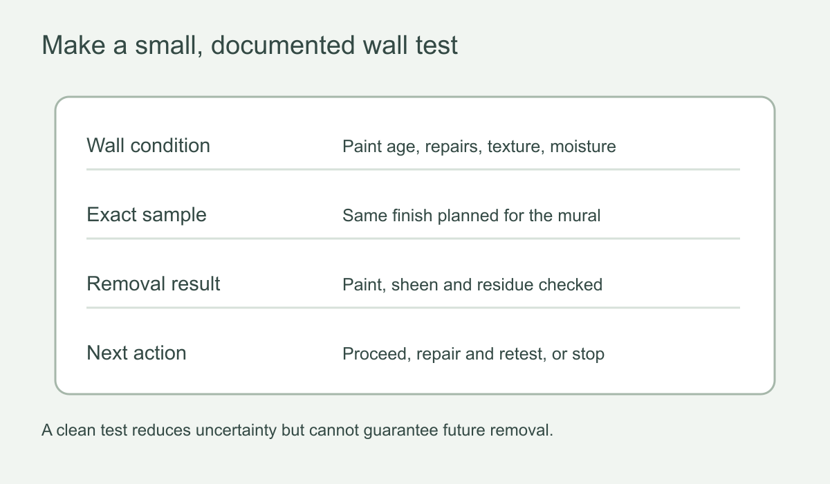 Pre-installation test record with wall condition, sample material, removal result and next action