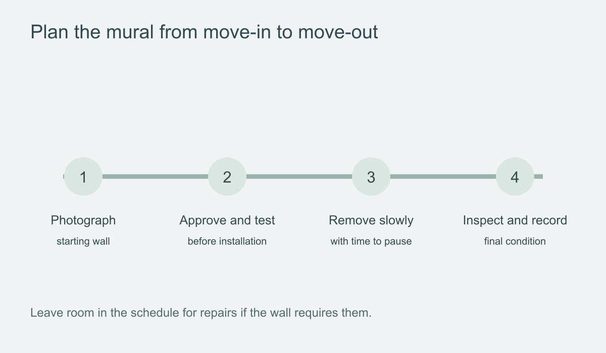 Move-in-to-move-out sequence for documenting, installing, removing and checking a mural in a rental
