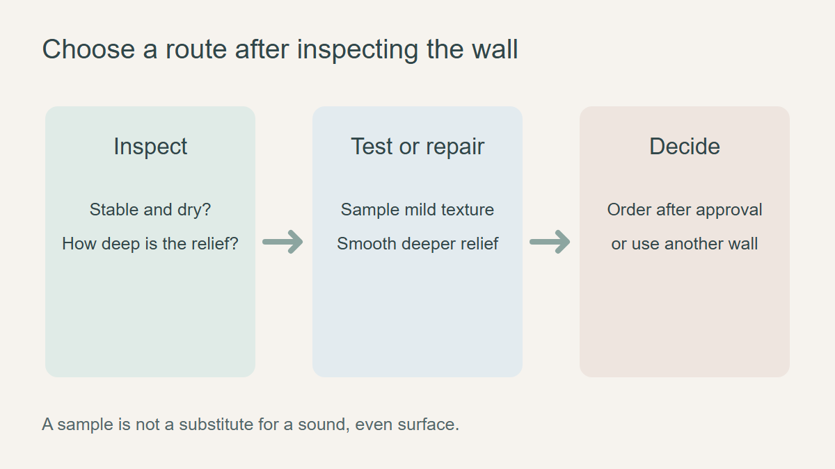 Flow diagram from texture inspection to sample test, smoothing or choosing another wall