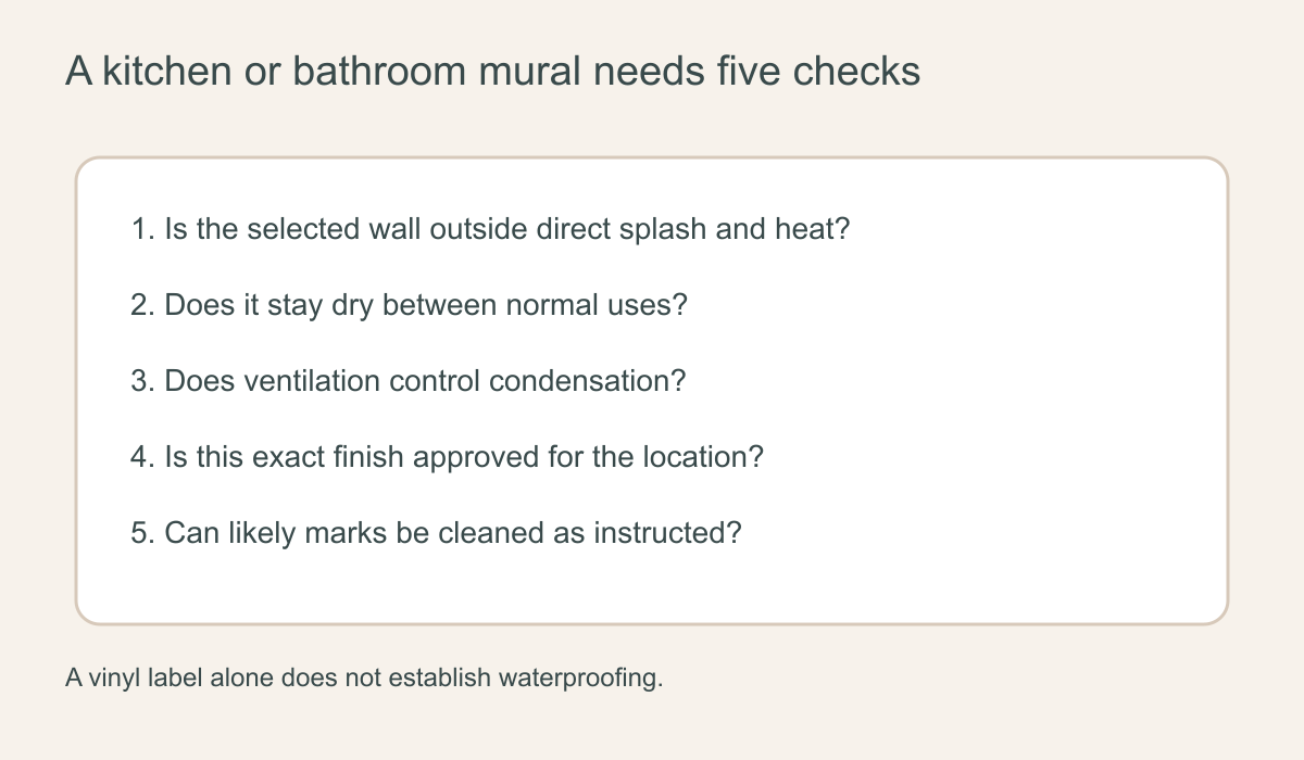 Checklist of wall dryness, ventilation, product approval, cleaning requirements and crop before bathroom or kitchen mural purchase