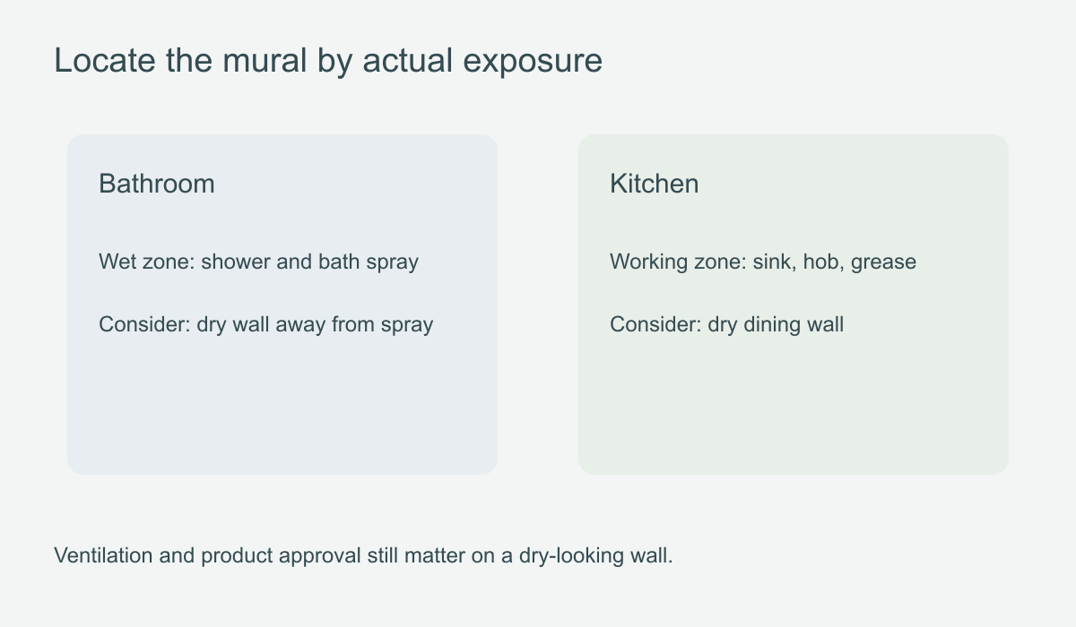 Bathroom and kitchen zones showing dry feature walls separate from direct splash and heat areas