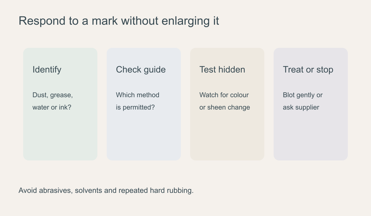 Decision diagram for identifying a mark, checking care instructions, testing and treating or seeking advice