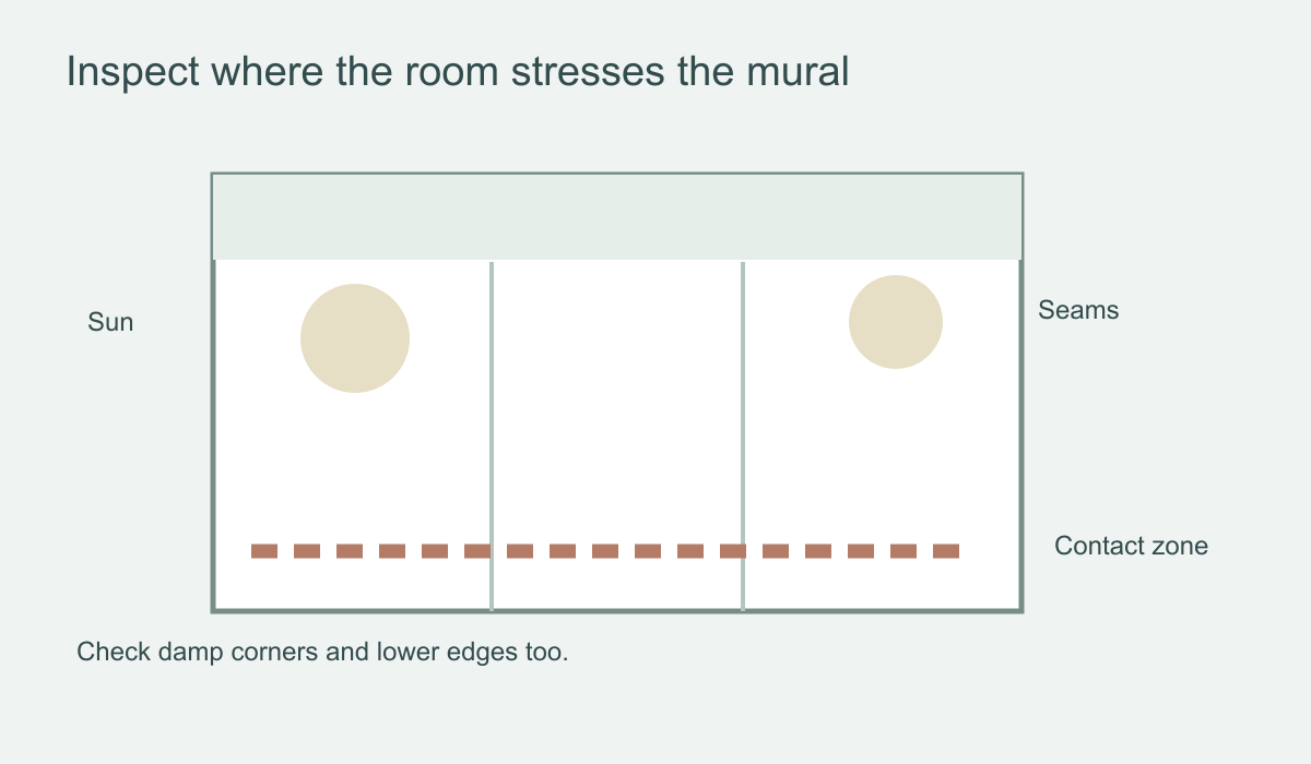 Room diagram highlighting sunlight, damp corners, high-contact lower wall and panel edges to inspect