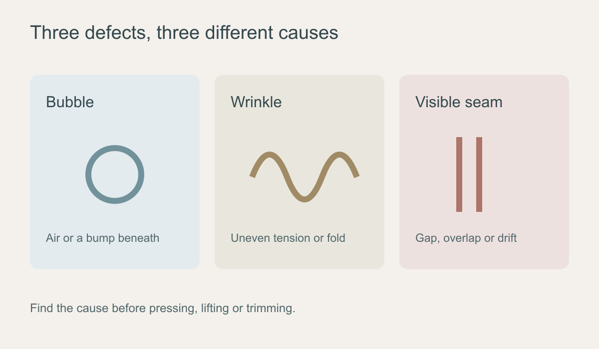 Three-card schematic using a circle for a bubble, a wavy line for a wrinkle and parallel bars for a visible seam