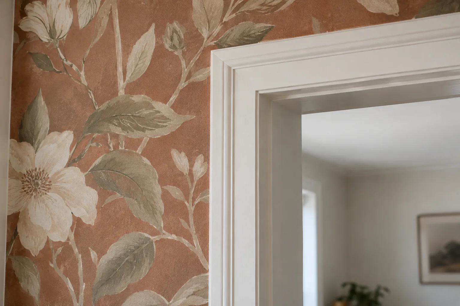 Illustrative botanical mural meeting the outside edge of a white door frame