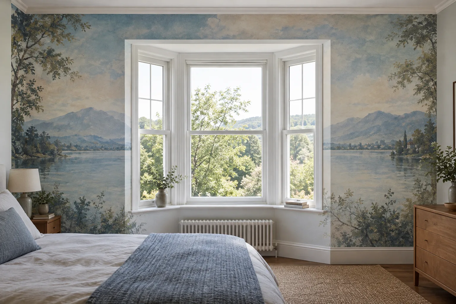 Illustrative bedroom mural showing a landscape on both sides of a bay window