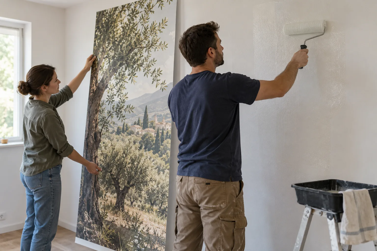 Illustrative installer applying paste to a smooth wall before positioning a mural panel
