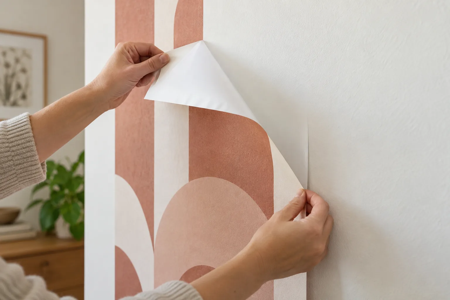 Illustrative close-up of release backing being peeled from a self-adhesive mural panel