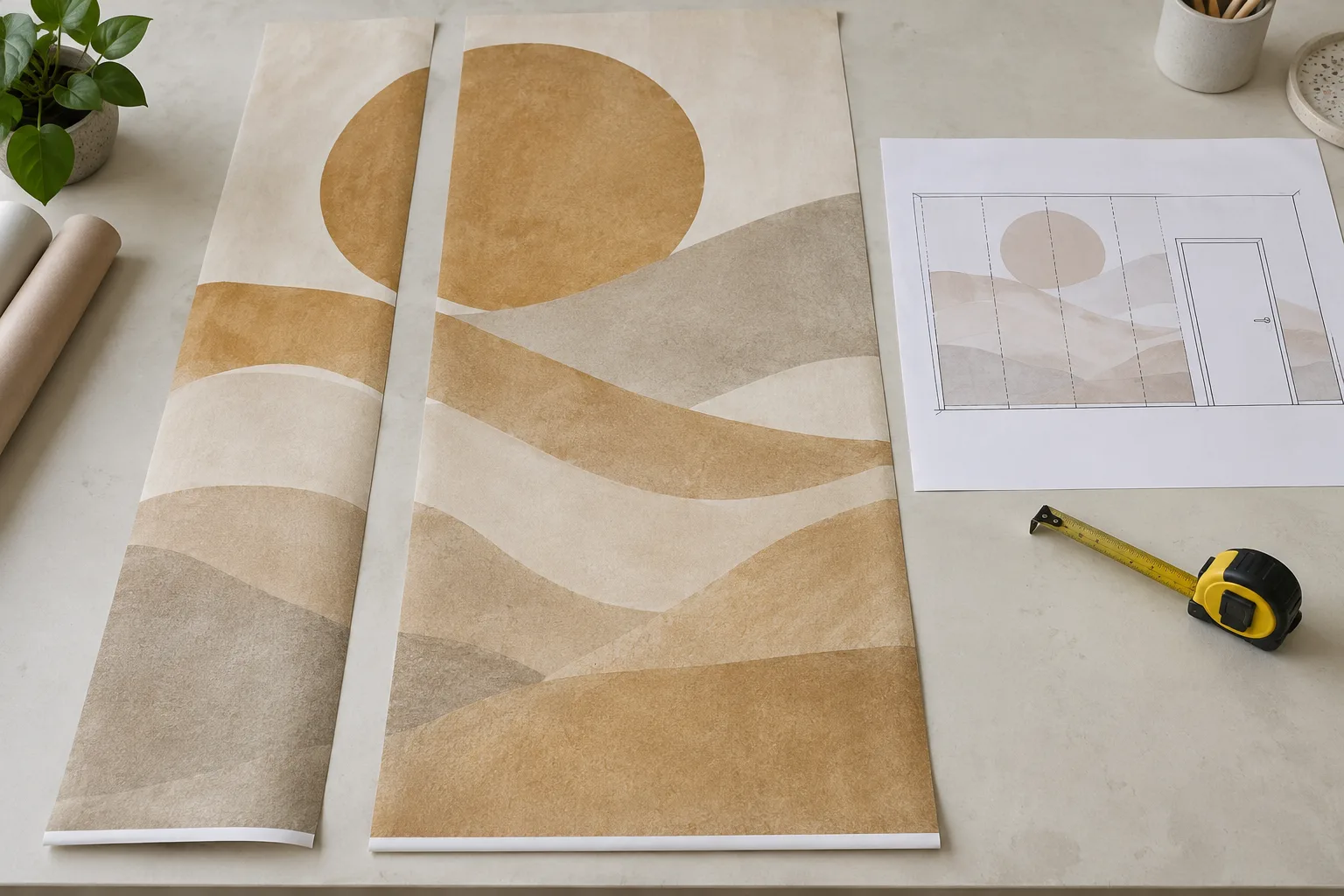 Illustrative mural strips of differing widths beside a wall plan with a doorway
