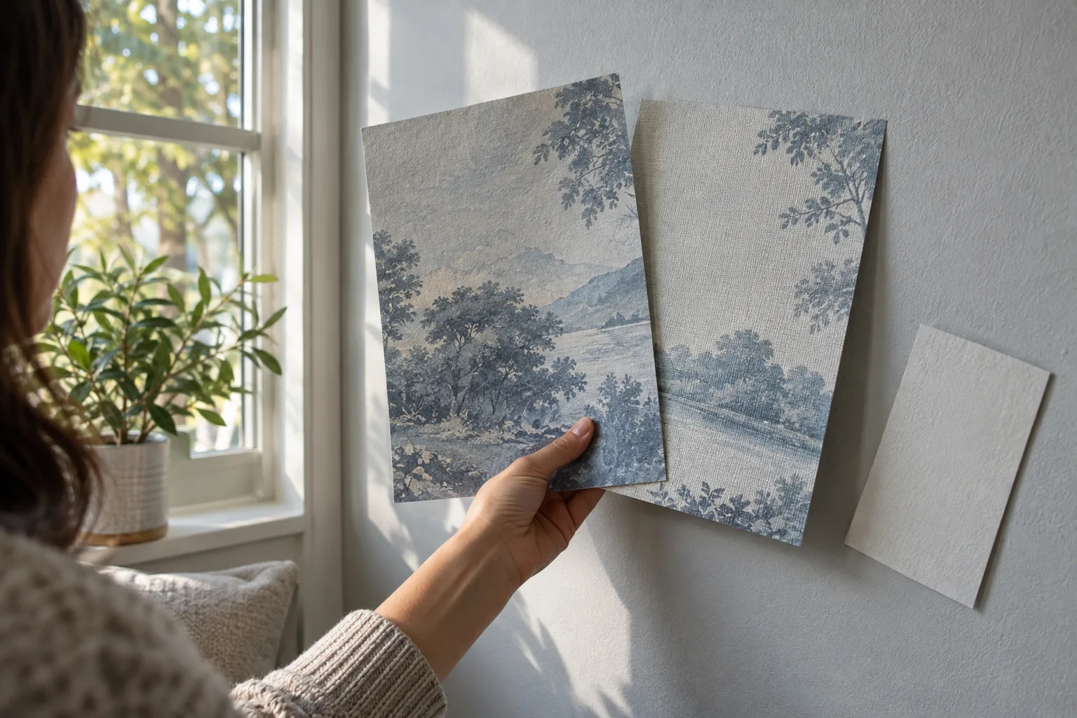 Illustrative mural samples held against a painted wall in daylight