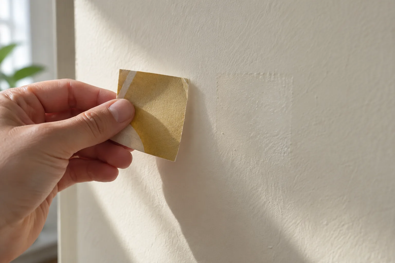 Illustrative inspection of painted wall in side light after removing a small mural sample