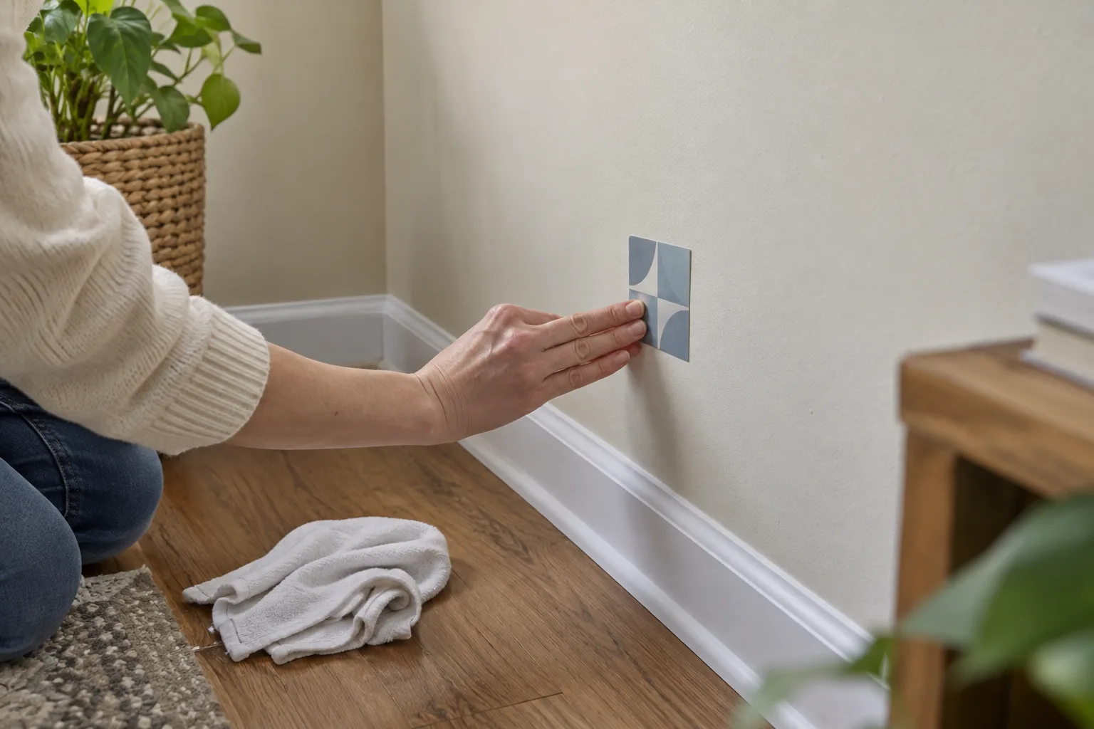 Illustrative small self-adhesive mural sample being tested on an inconspicuous painted wall area