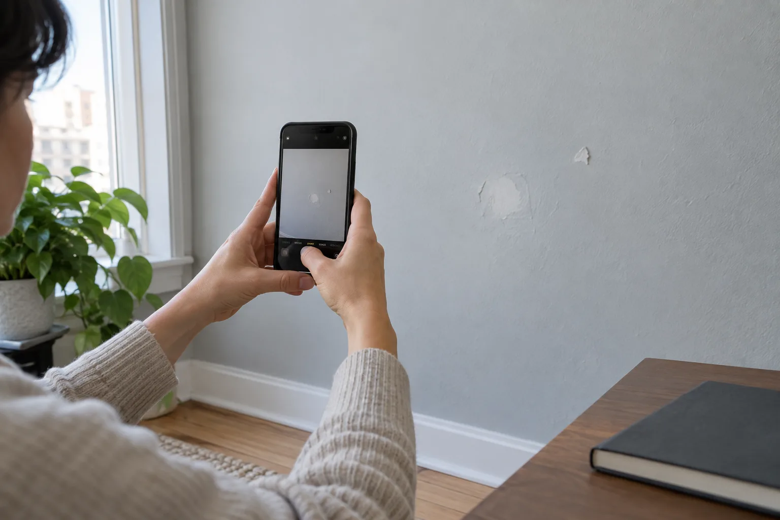 Illustrative renter photographing the existing painted wall condition before applying a mural