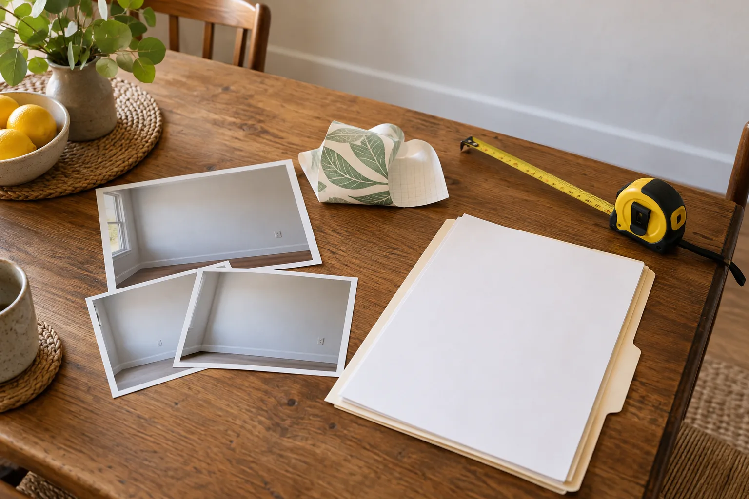 Illustrative folder with pre-installation wall photographs, wallpaper sample and measuring tape