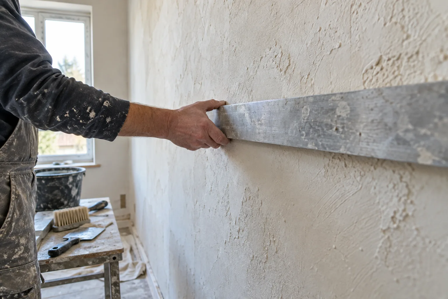 Illustrative decorator checking the relief of a textured plaster wall with a straightedge