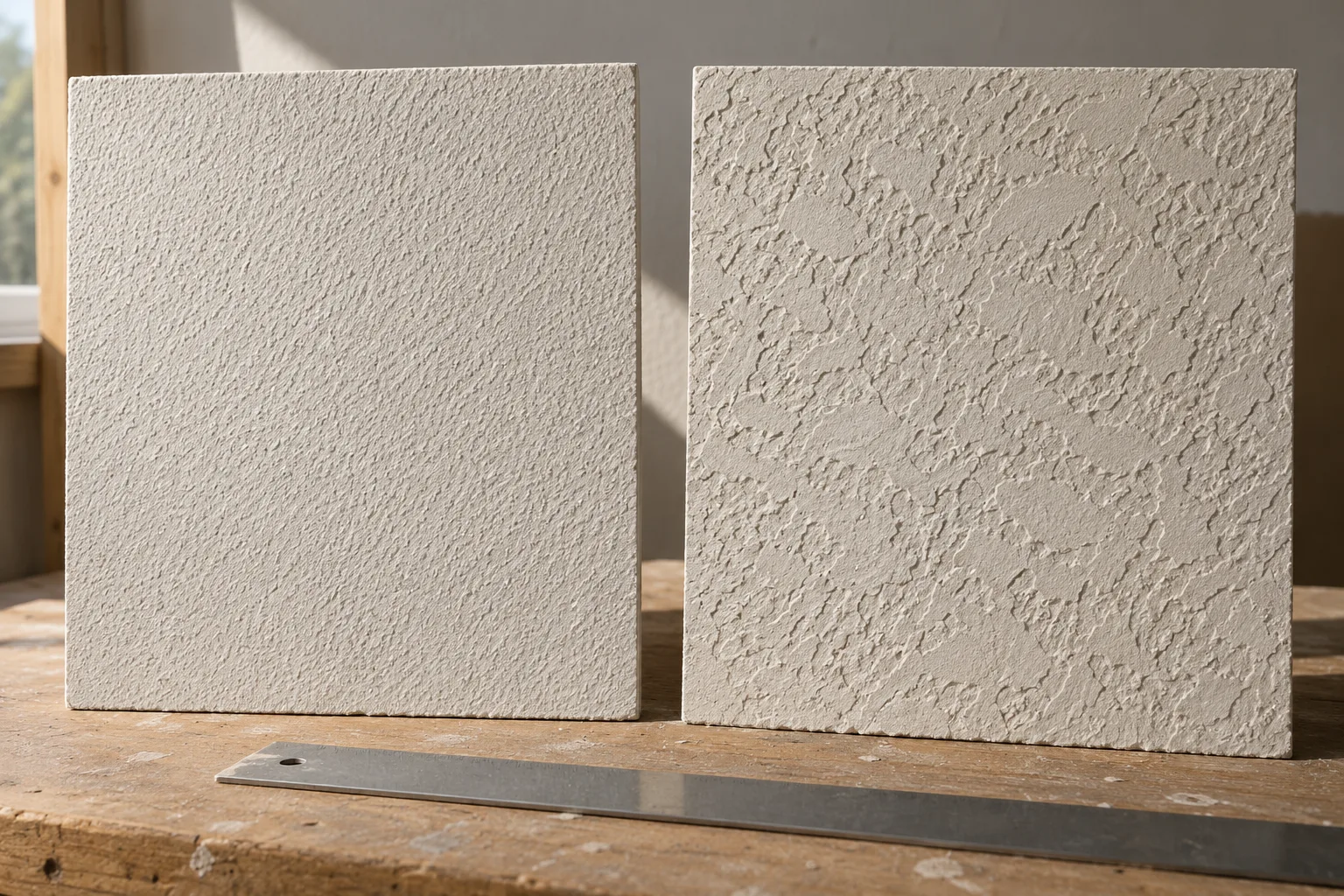 Illustrative sample boards comparing fine orange-peel paint texture with deeper knockdown plaster