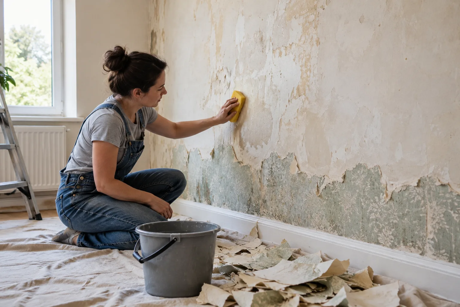 Illustrative decorator cleaning residual paste from a wall after old wallpaper has been stripped