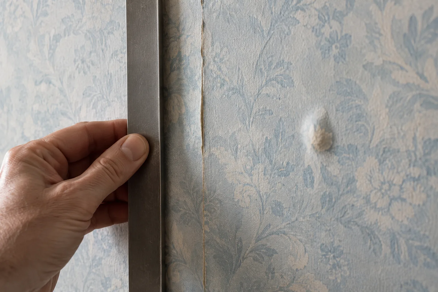 Illustrative raised seam and bubble in old patterned wallpaper beside a straightedge