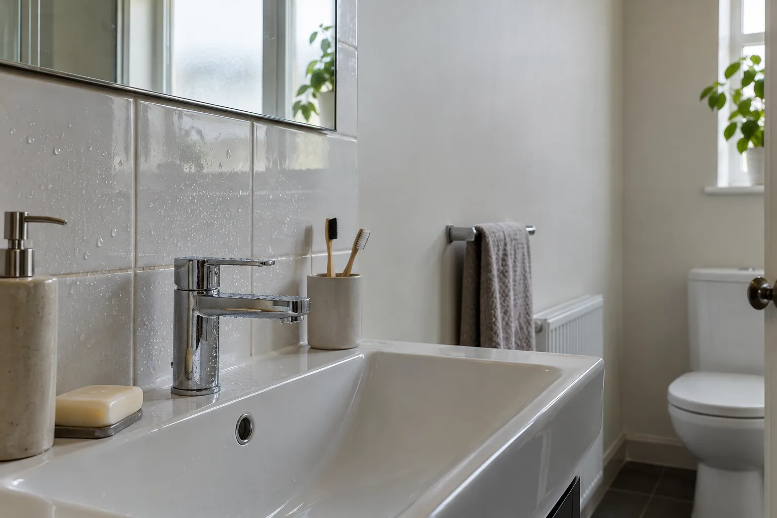 Illustrative bathroom sink with water on its tiled splashback and a separate dry painted wall