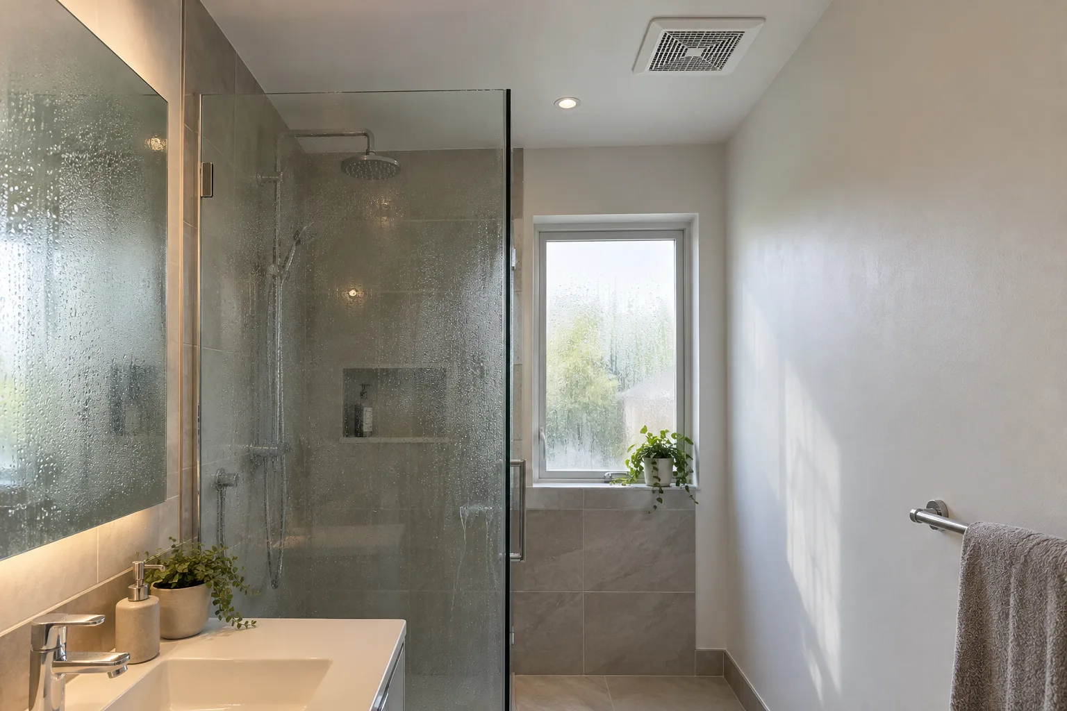 Illustrative bathroom showing condensation, extractor fan and an undecorated painted wall