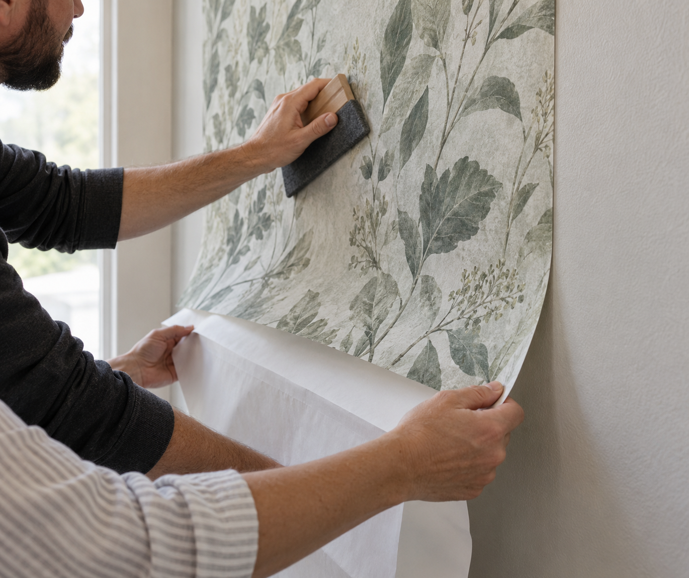 Installers support a botanical mural panel while exposing a short section of release liner and smoothing the attached area
