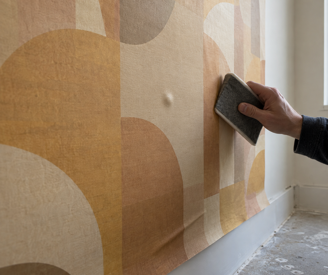 Side light reveals a small air pocket and an uneven lower edge on a newly applied geometric mural panel