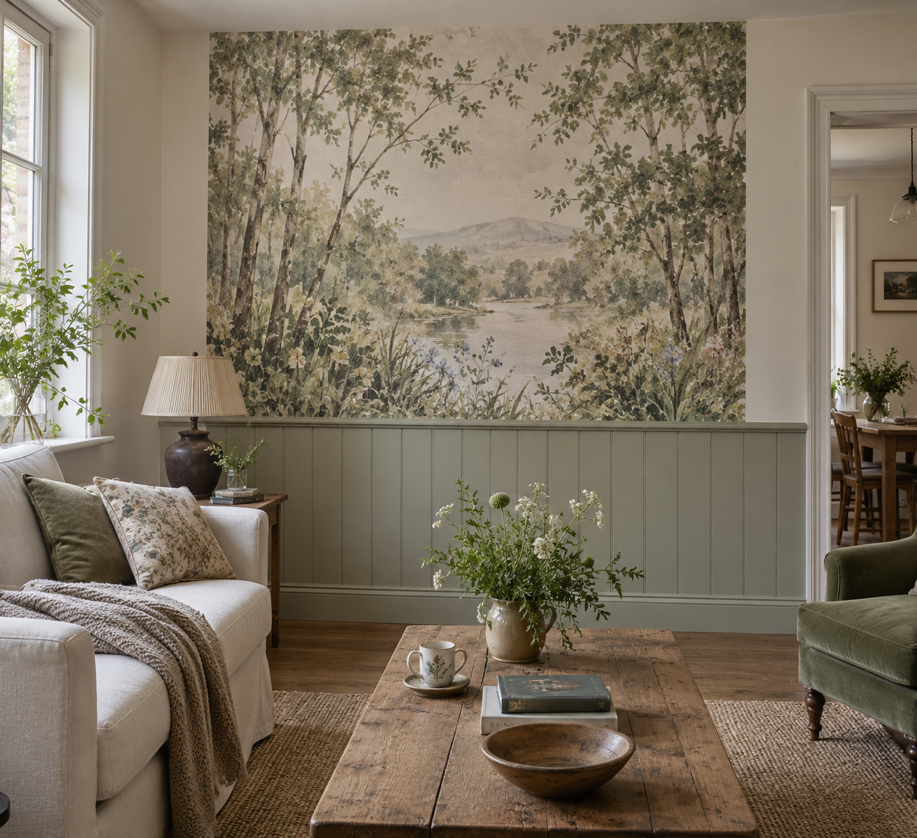 Printed woodland mural occupies a defined section above painted wainscoting with deliberate vertical edges