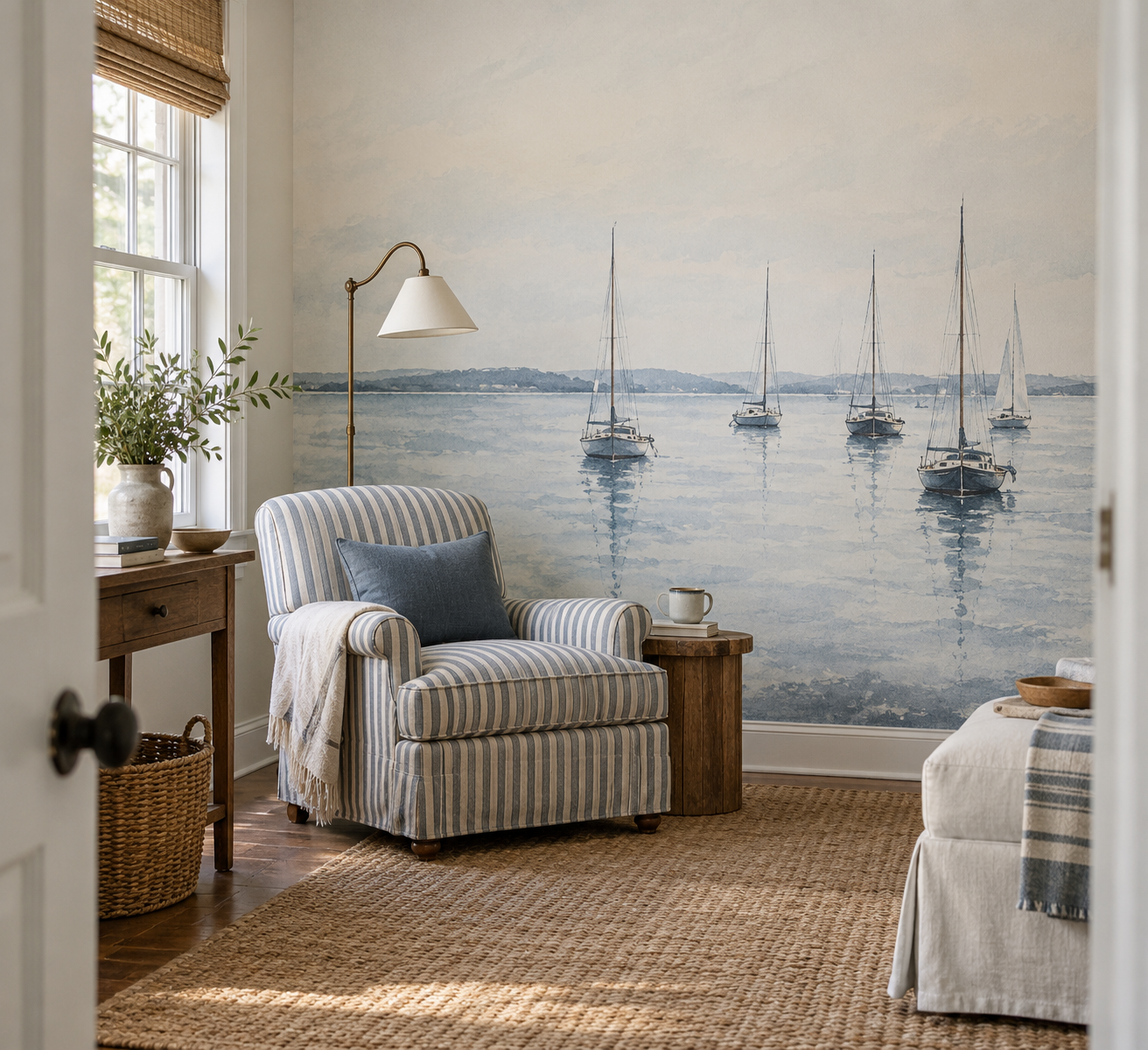 Illustrative sitting room with blue sailboat mural behind a blue-and-cream striped upholstered chair