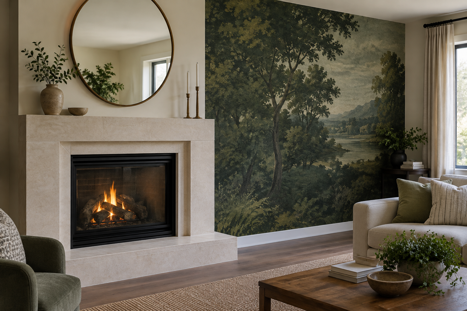 Illustrative living room with a dark tree-and-lake mural on the wall beside a pale fireplace surround
