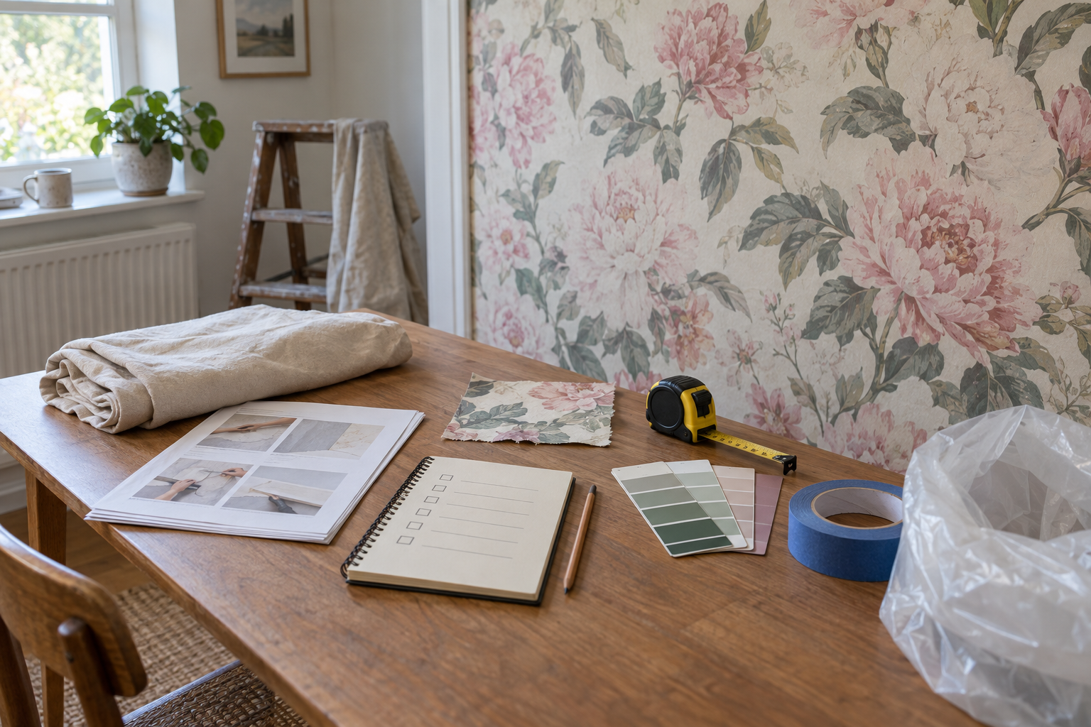 Wallpaper sample, notes, paint colours and protective supplies prepared before removal