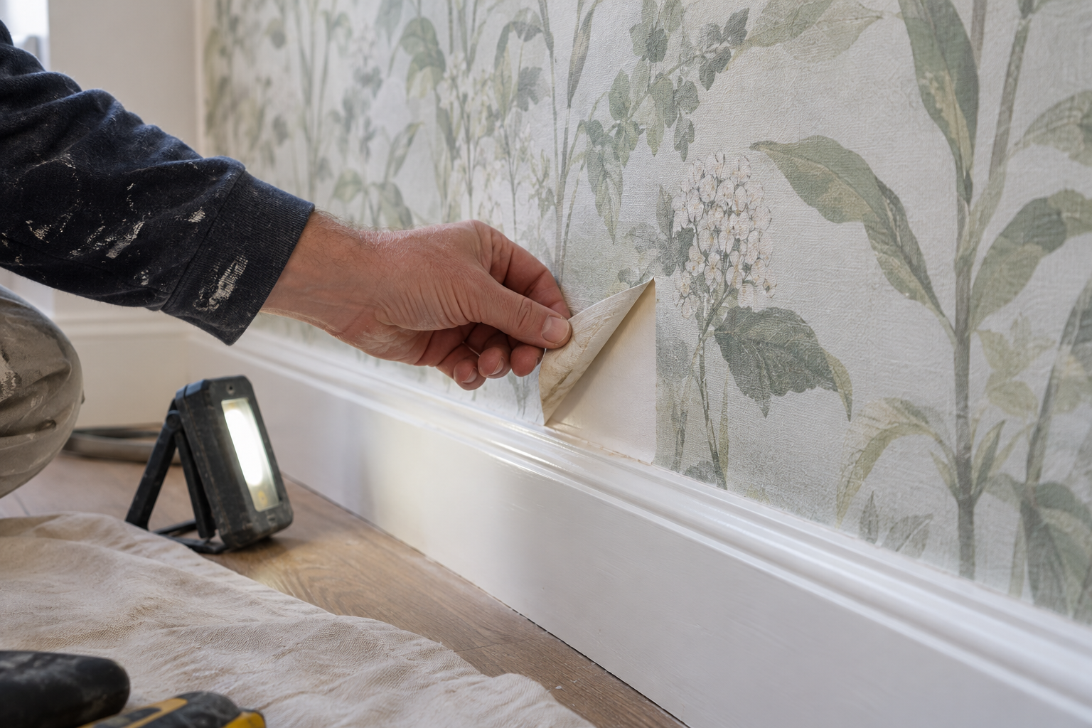 Decorator examining a small wallpaper corner near the skirting board