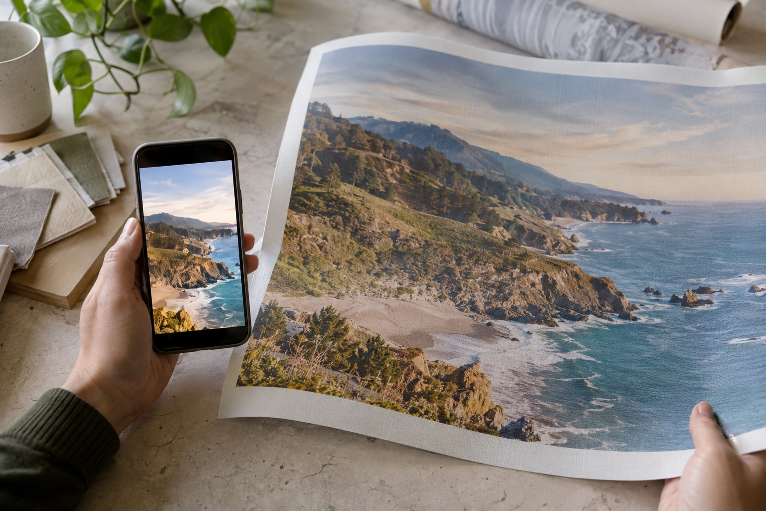 Phone coastal photograph compared with a large matte wallcovering print proof on a worktable