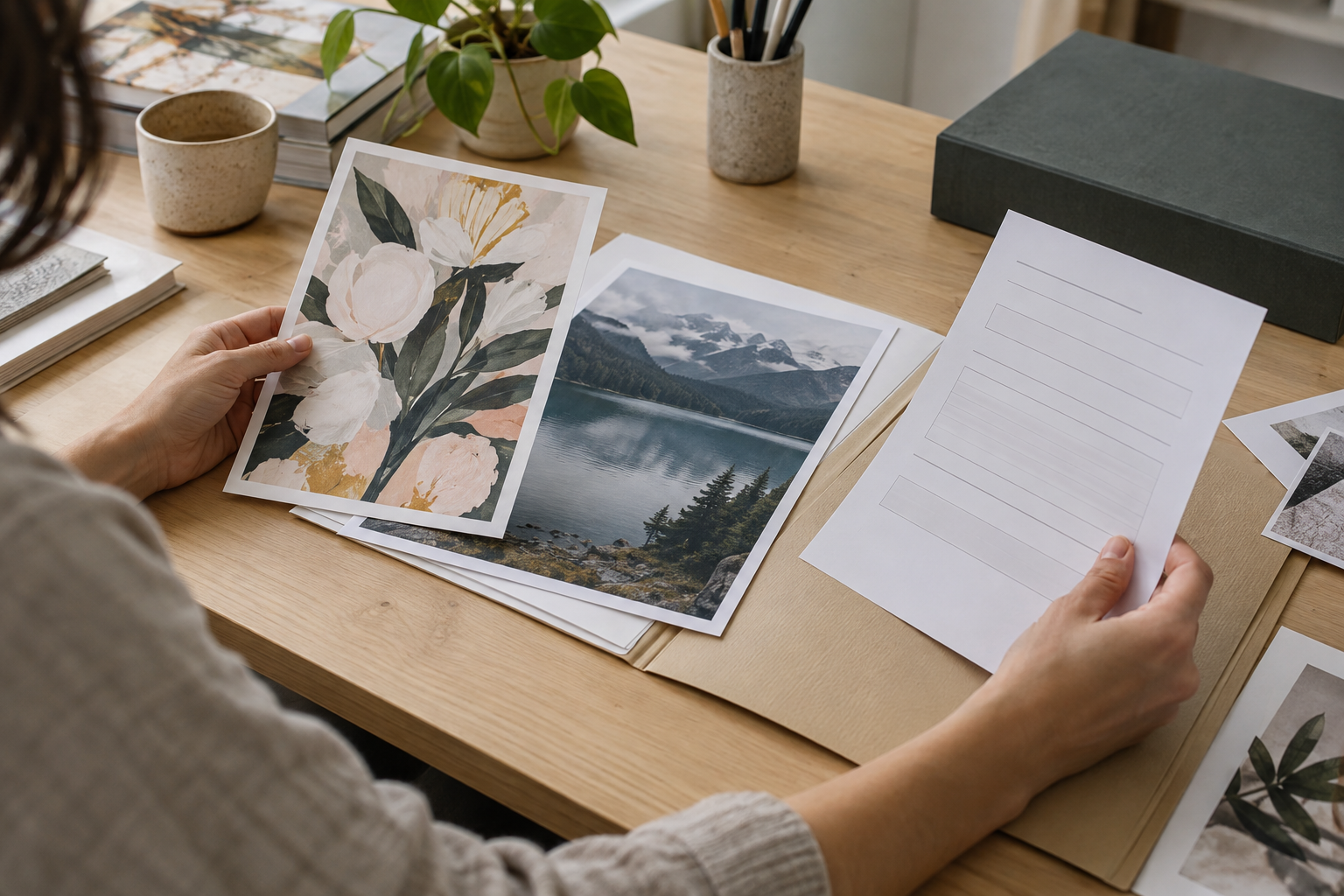 Designer comparing separate image prints with an unfilled permission document before mural production