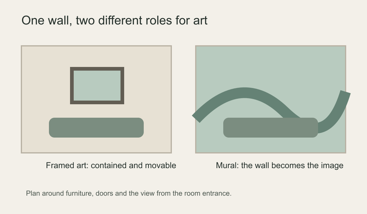 Wall elevation comparing a framed artwork above a sofa with a mural extending across the entire wall