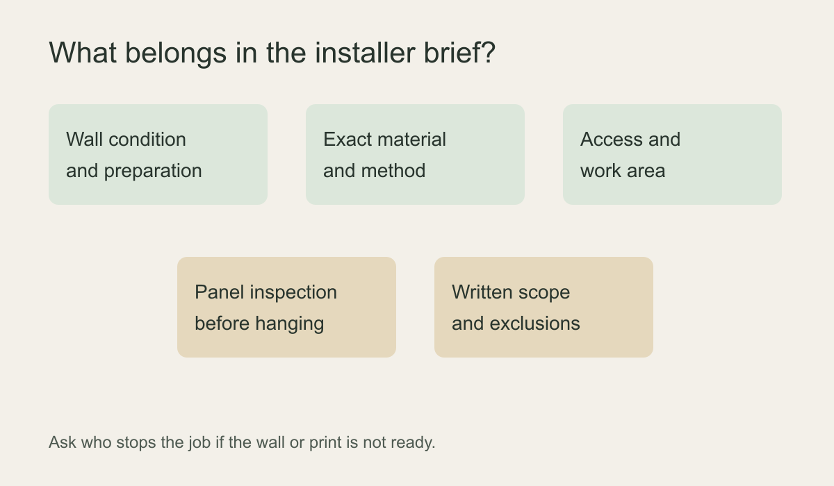Checklist diagram covering wall preparation material experience panel inspection access and written scope for hiring an installer