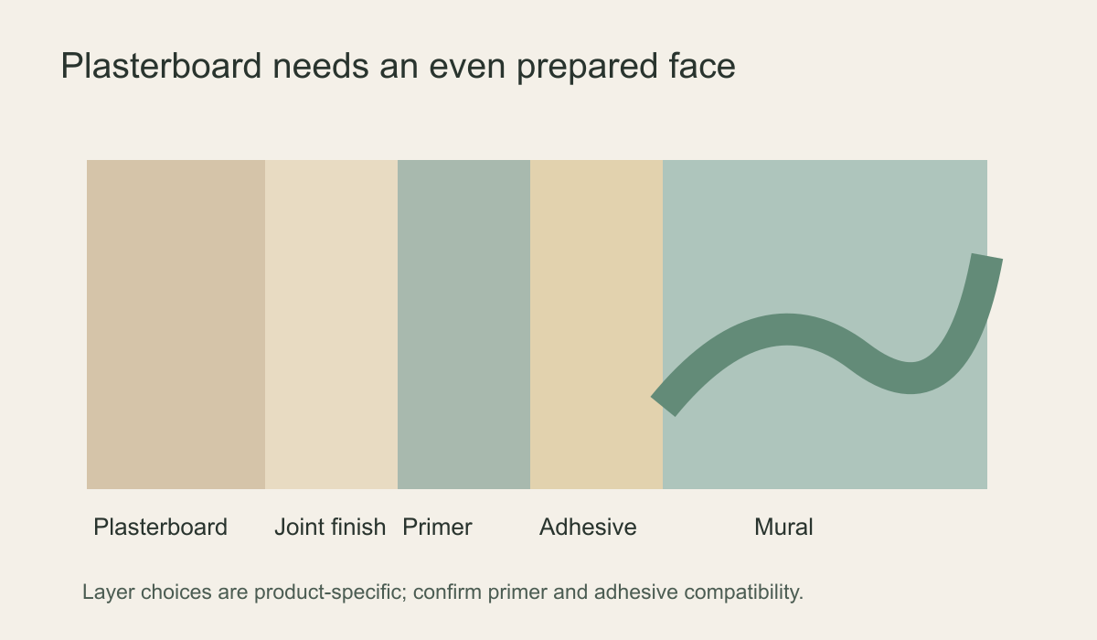 Diagram of plasterboard joints primer and mural layers highlighting a smooth dry sound prepared surface