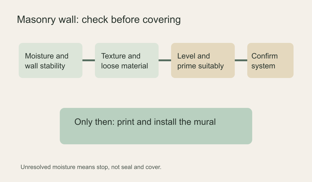 Decision flow for masonry wall condition moisture texture preparation compatibility and mural installation