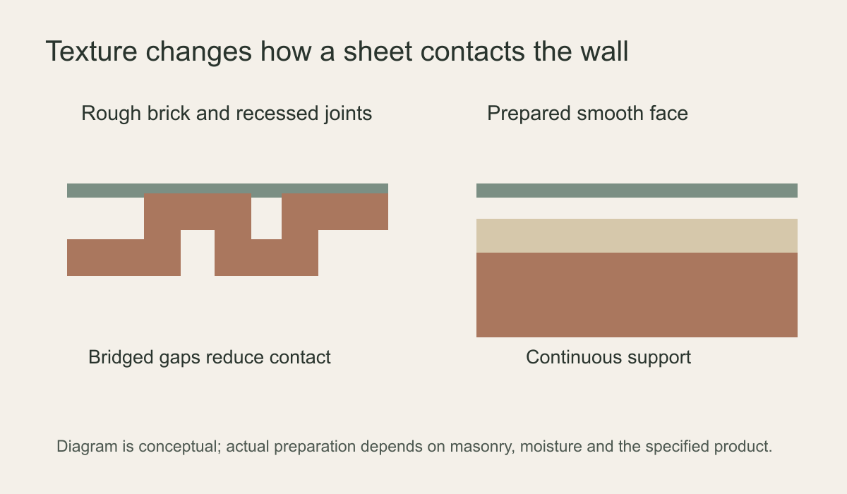 Cross-section diagram showing mural bridging recessed brick joints versus supported by a smooth prepared layer