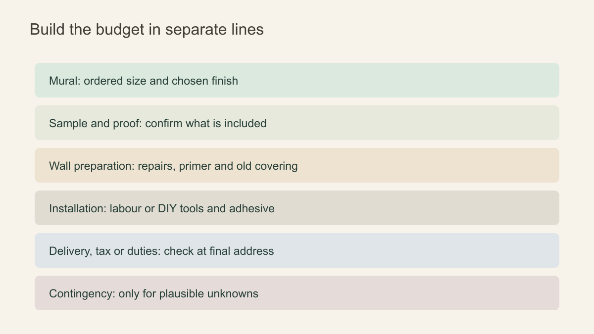Budget worksheet diagram separating mural printing, surface preparation, installation, delivery and contingency