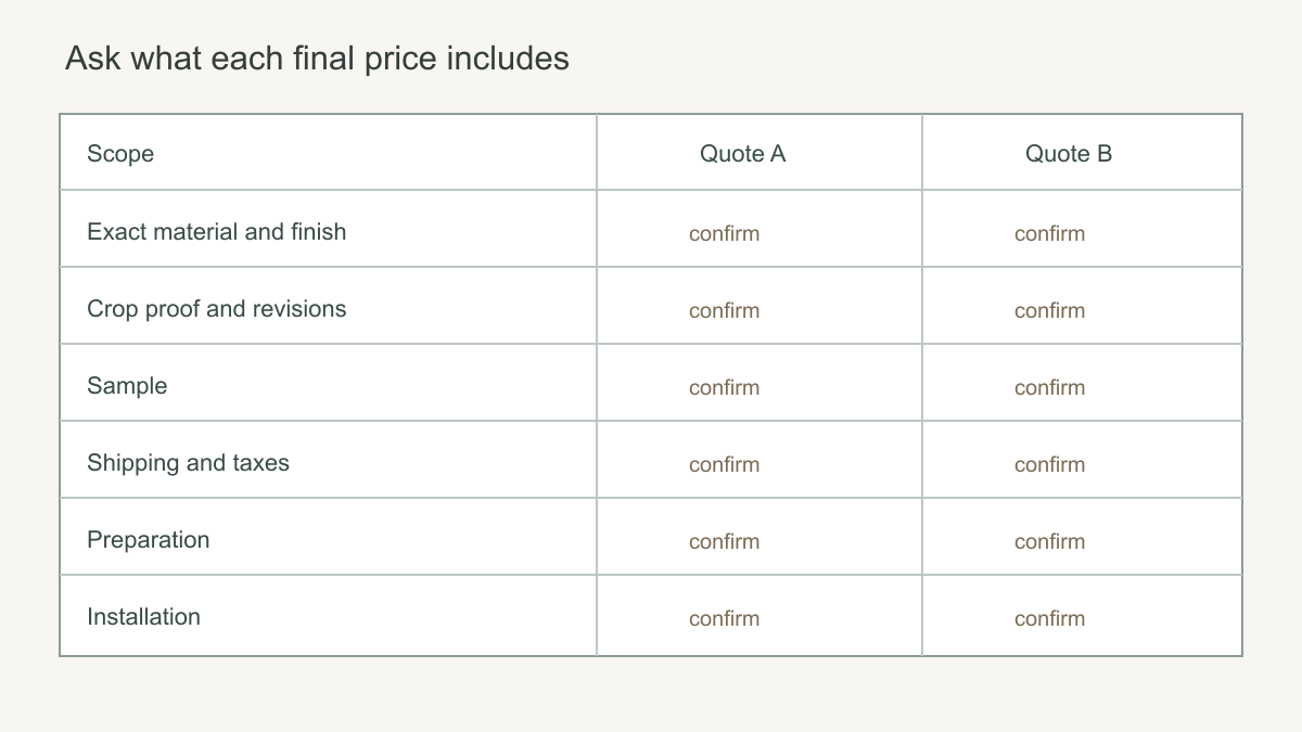 Comparison grid for mural material proof sample delivery taxes preparation and installation