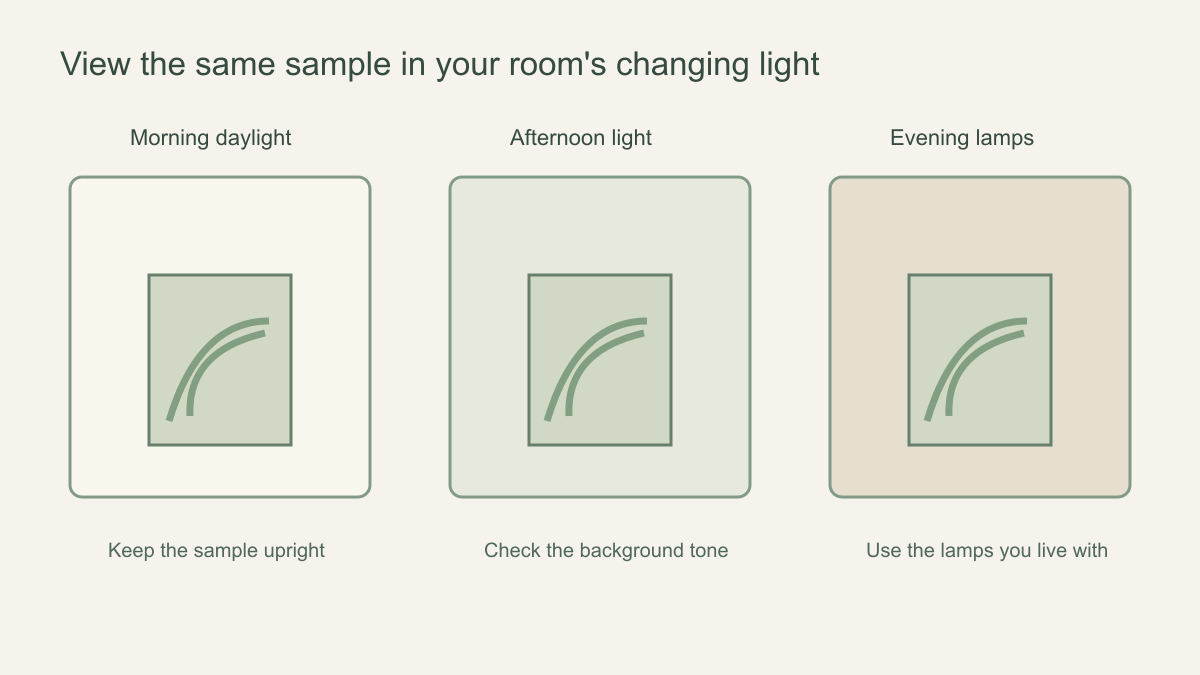 Illustrated schedule for checking one mural sample under morning daylight, afternoon light and evening lamps