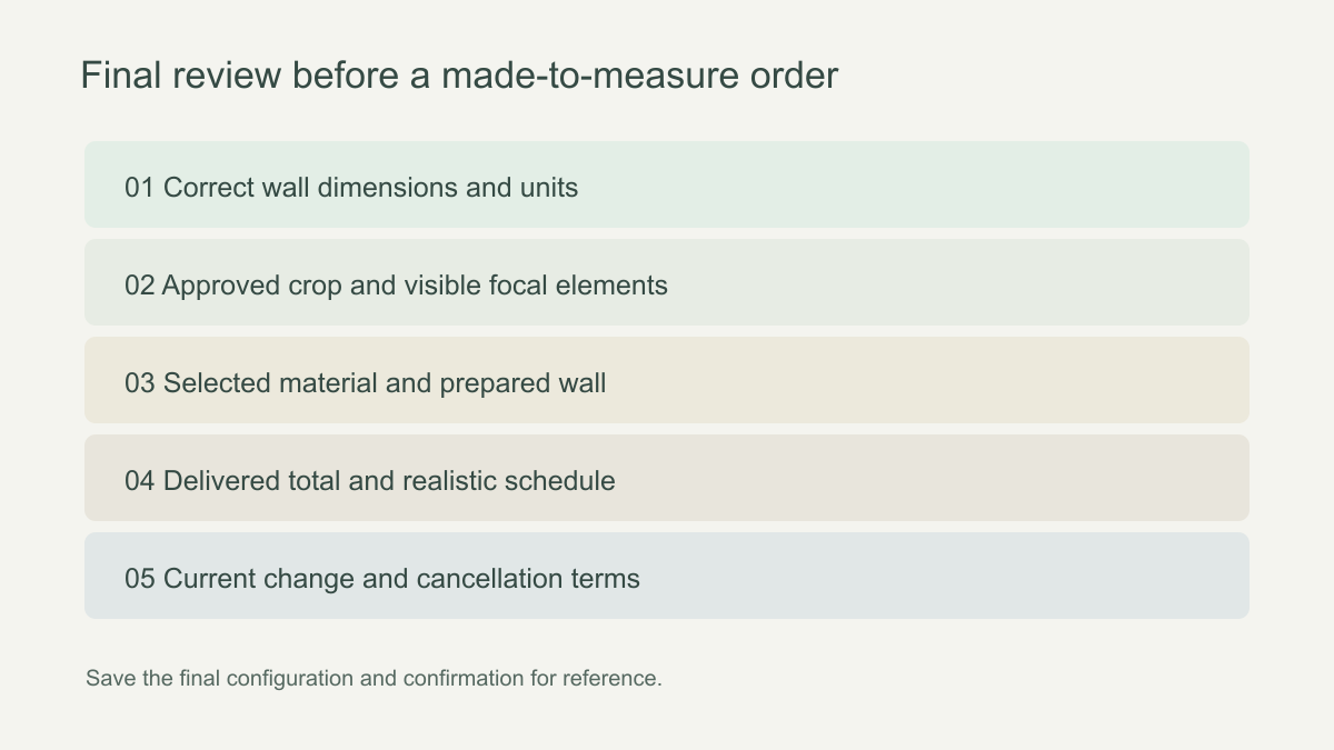 Visual pre-order checklist for artwork crop material wall condition price and order terms