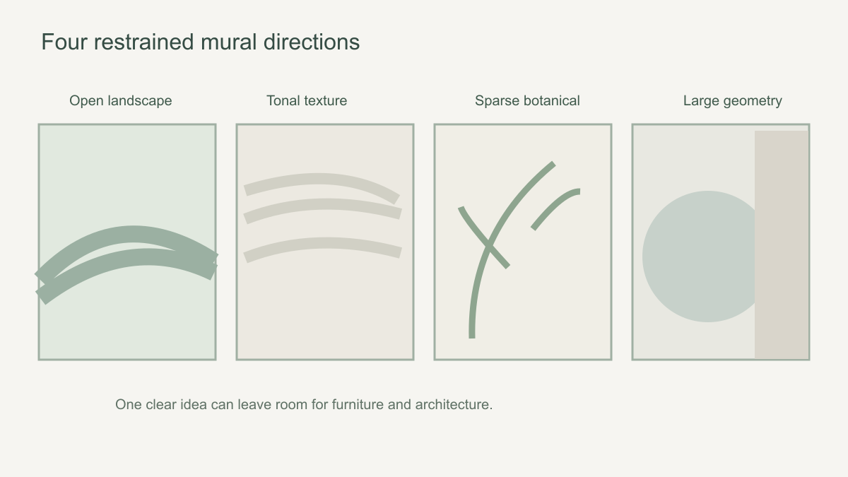 Four schematic minimalist mural directions: open landscape, tonal texture, sparse botanical and single large geometric form