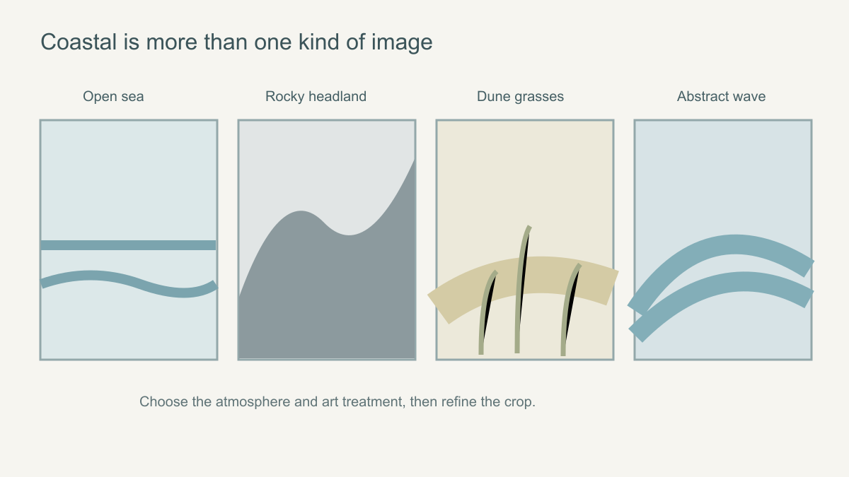 Four distinct coastal mural directions: open sea, rocky headland, dune grasses and abstract wave