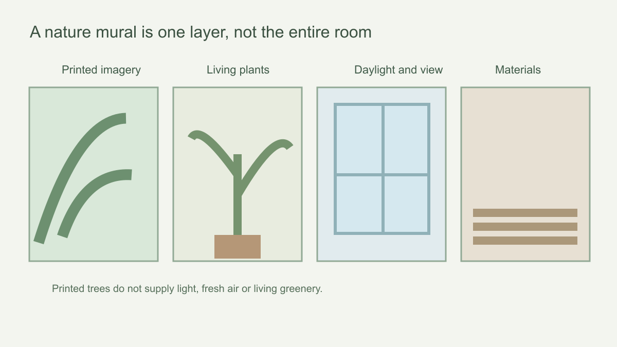 Diagram separating printed nature imagery from real plants, daylight, ventilation and natural materials